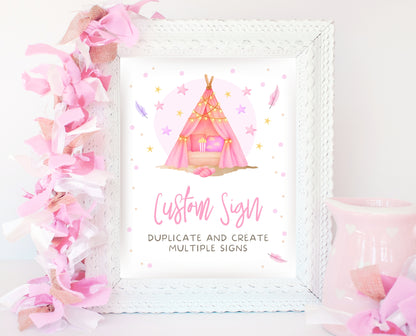 Editable Slumber Party Table Sign Custom Spa Sleepunder Glamping Theme Pink Tween Teen Printable Signage Template Instant Download GBP51