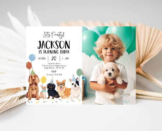 Editable Boy Dog Birthday Photo Invitation, Puppy Birthday Invitation, Boy Dog Birthday, Puppy Birthday, Animal Vet Birthday Party, BDBP01