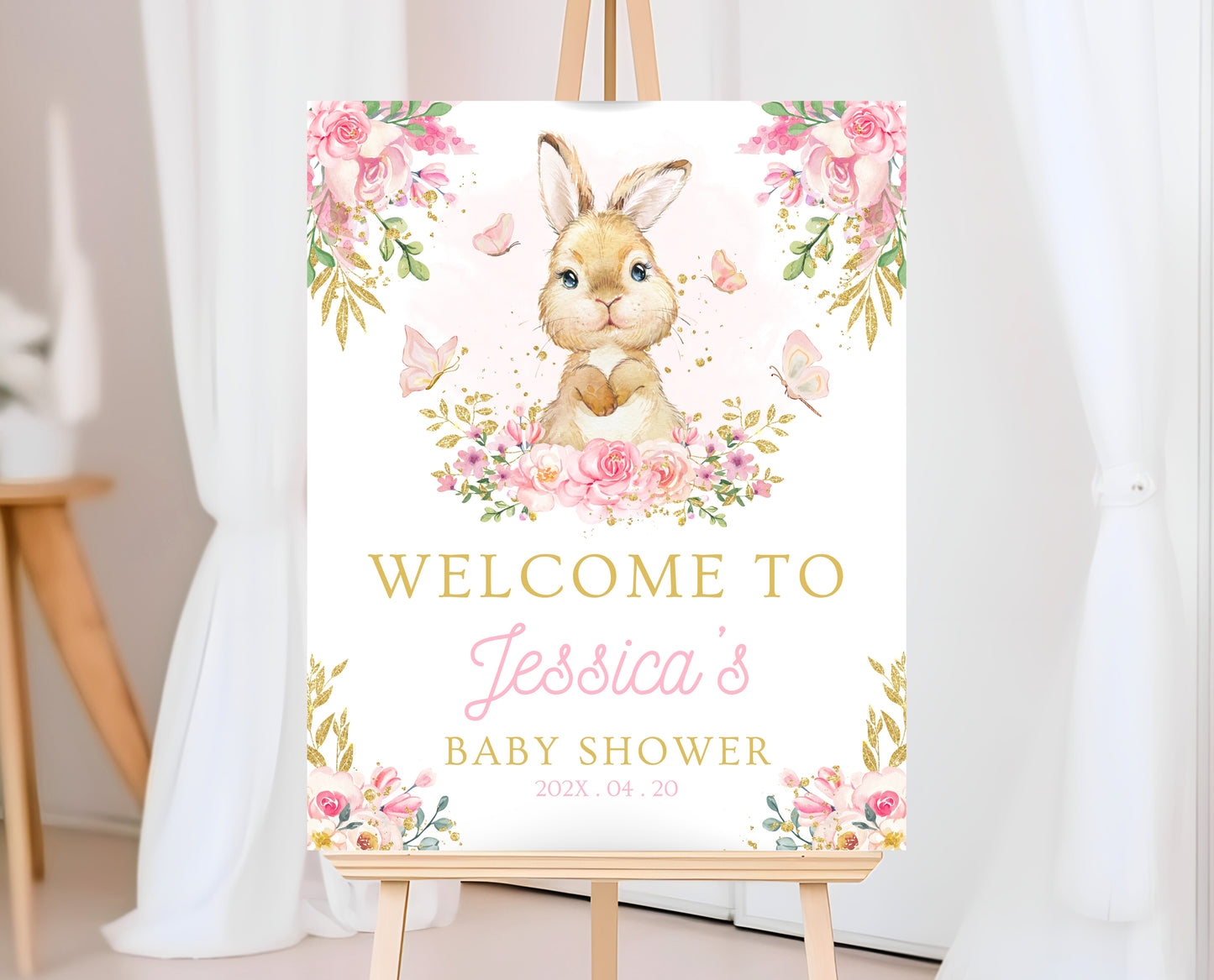 Editable Bunny Baby Shower Welcome Sign, Pink Gold Bunny, Girl Floral Bunny Baby Shower, Spring Rabbit Baby Shower Welcome Banner, EPC10