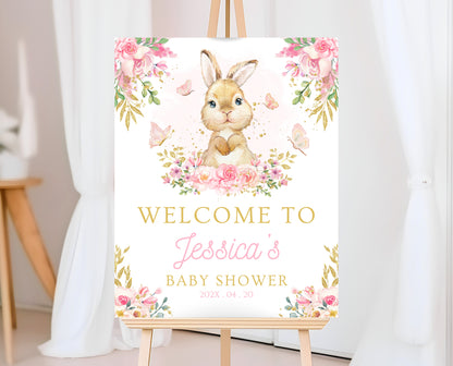 Editable Bunny Baby Shower Welcome Sign, Pink Gold Bunny, Girl Floral Bunny Baby Shower, Spring Rabbit Baby Shower Welcome Banner, EPC10