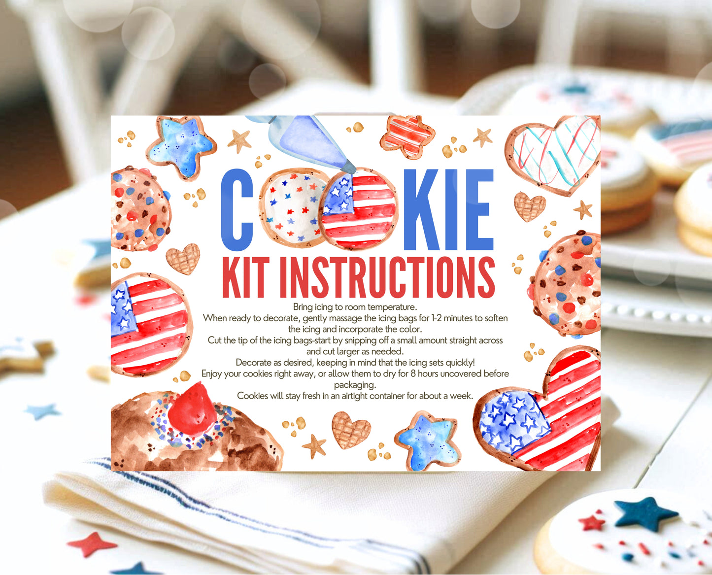 Editable 4th Of July Cookie Instructions Card, Decorate Your Own 4th Of July Cookie, Cookie Decorating Kit DIY, Printable, Instant Download