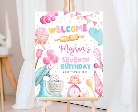 Editable Baking Birthday Party Welcome Sign Kids Cooking Party Poster Chef Party Banner Pink Baking Party Decor Instant Download GBP50