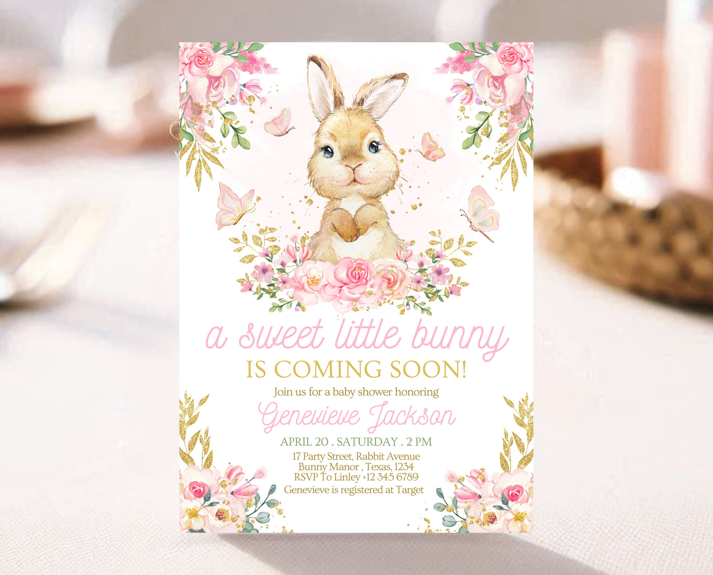 Editable Bunny Baby Shower Invitation, Pink Gold Bunny Invite, Girl Floral Bunny Baby Shower, Spring Rabbit Baby Shower Invite, EPC10