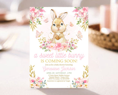 Editable Bunny Baby Shower Invitation, Pink Gold Bunny Invite, Girl Floral Bunny Baby Shower, Spring Rabbit Baby Shower Invite, EPC10