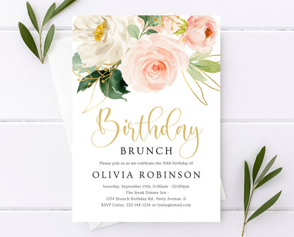 Editable Blush Pink Floral Birthday Brunch Invitation Gold Rose Invite Watercolour Printable Party Template for Women Instant Download