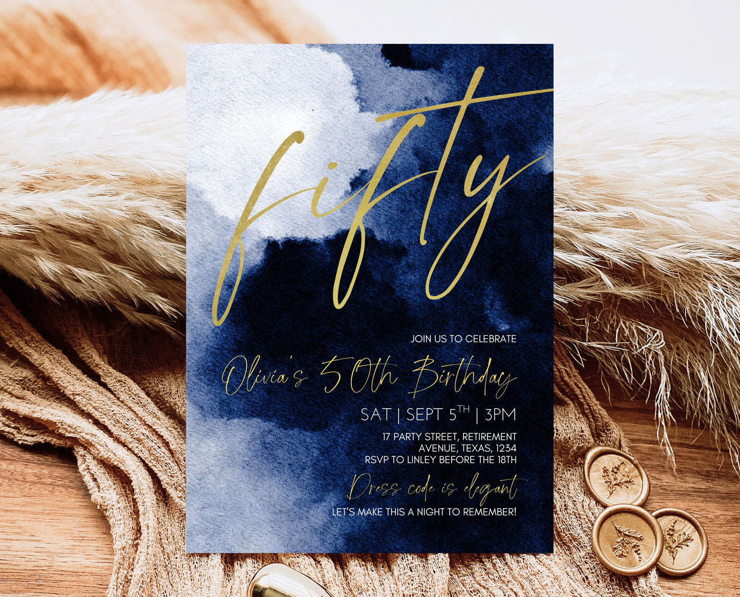 Editable 50th Birthday Invitation, 50th Fifty Birthday Invite, Blue Gold 50th Birthday Decor, Fiftieth Modern Invite, Instant Download, AB08