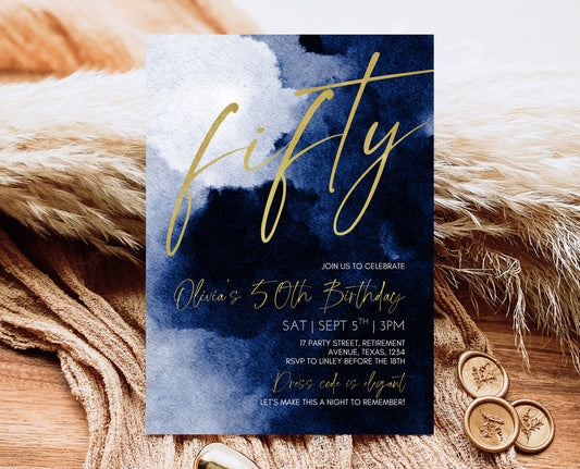 Editable 50th Birthday Invitation, 50th Fifty Birthday Invite, Blue Gold 50th Birthday Decor, Fiftieth Modern Invite, Instant Download, AB08