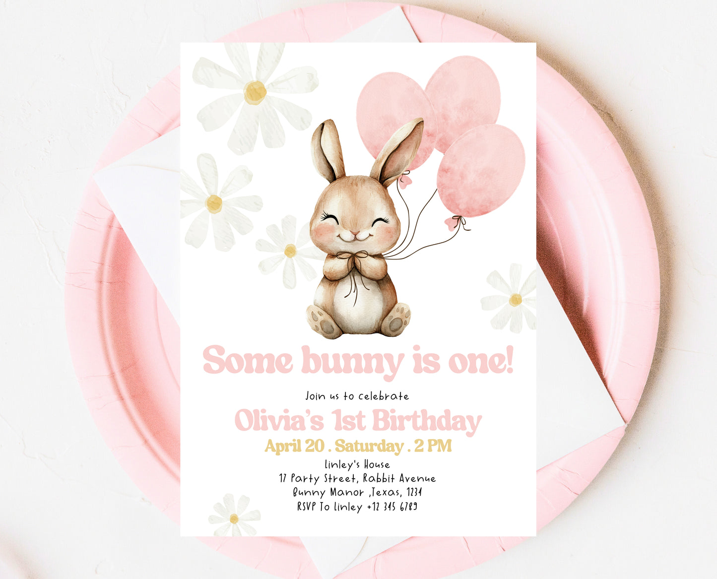 Editable Bunny Birthday Invitation, Some Bunny 1st Birthday Party, Hop On Over Bunny Birthday, Spring Birthday Rabbit Birthday Invite, EPC06