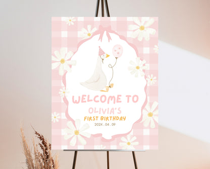 Editable One Silly Goose Birthday Welcome Sign, Girl 1st Birthday Sign, Pink Printable Sign, Goose First Birthday Welcome Banner Sign, EPC03
