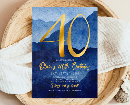 Editable 40th Birthday Invitation Blue Gold Digital Template Modern Mobile Invite for Him Instant Download Printable Party Design AB09