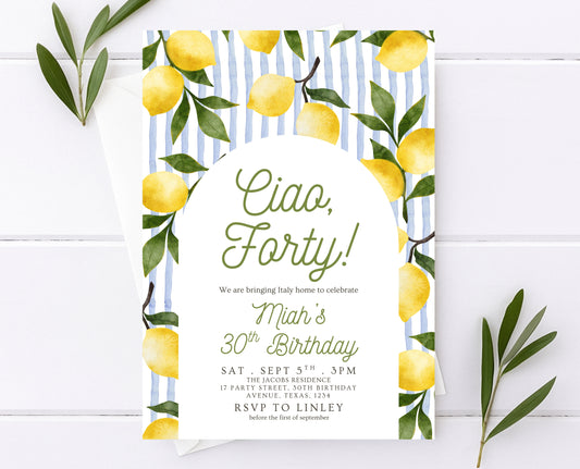 Editable Ciao Forty Birthday Invitation Lemon Boho Theme Modern 40th Party Template Digital Printable Invite Italian Summer Design