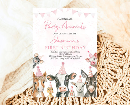 Editable Farm Girl Birthday Invitation, Pink Farm Birthday Party Invite, Calling All Party Animals, Pink Farm Animals Birthday Invite, GBP14