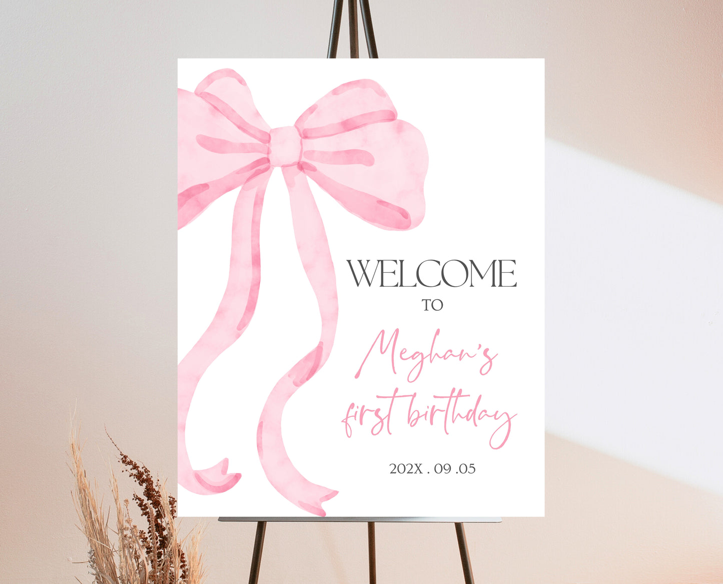 Editable Pink Bow Birthday Welcome Sign, Girl First Birthday Printable, Pink Coquette Bow Welcome Birthday Girl Sign, Bow Sign Decor, VDC12