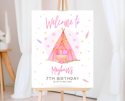 Editable Sleepunder Party Welcome Sign Pink Glamping Spa Slumber Tween Teen Birthday Poster Banner Printable Template Instant Download GBP51