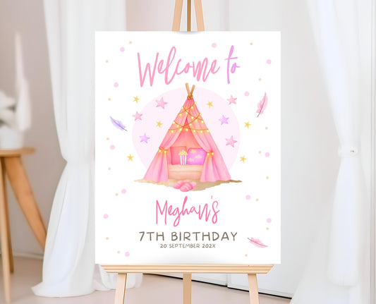 Editable Sleepunder Party Welcome Sign Pink Glamping Spa Slumber Tween Teen Birthday Poster Banner Printable Template Instant Download GBP51