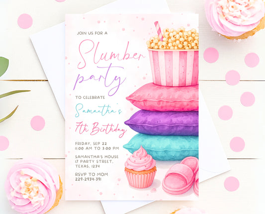 Editable Slumber Birthday Invitation Pink Glamping Spa Sleepover Party Movie Night Tween Teen Printable Template Instant Download GBP52