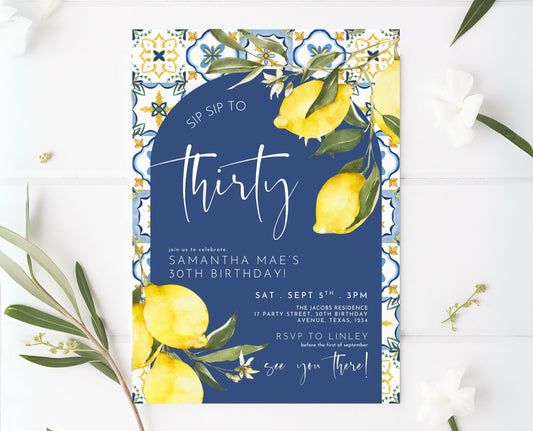 Editable Mediterranean Lemon Birthday Invitation Blue Tiles Italy Theme Summer Party Printable Boho Adult Birthday Invite Template AB15