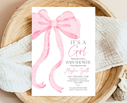 Editable Pink Bow Baby Shower Invitation, It's A Girl Baby Shower, Pink Coquette Bow Invitation Baby Shower Girl Invite, Bow Invite, VDC12