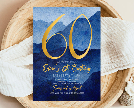 Editable 60th Birthday Invitation, Mobile 60th Birthday Invite, Blue Gold 60th Birthday Decor, 60th Balloon Invite, Instant Download, AB09