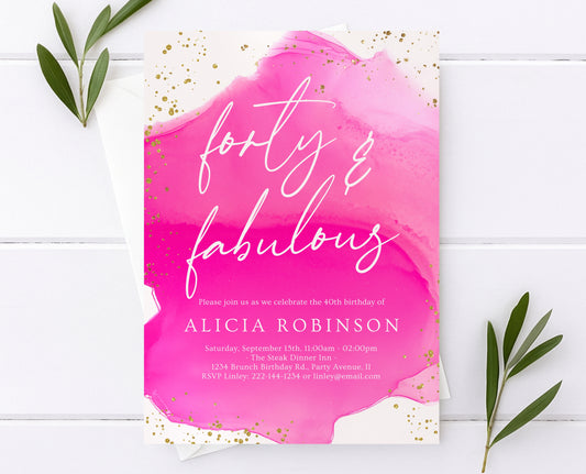 Editable Hot Pink and Gold 40th Birthday Invitation Forty and Fabulous Party Invite Modern Glam Birthday Template Printable Download AB17