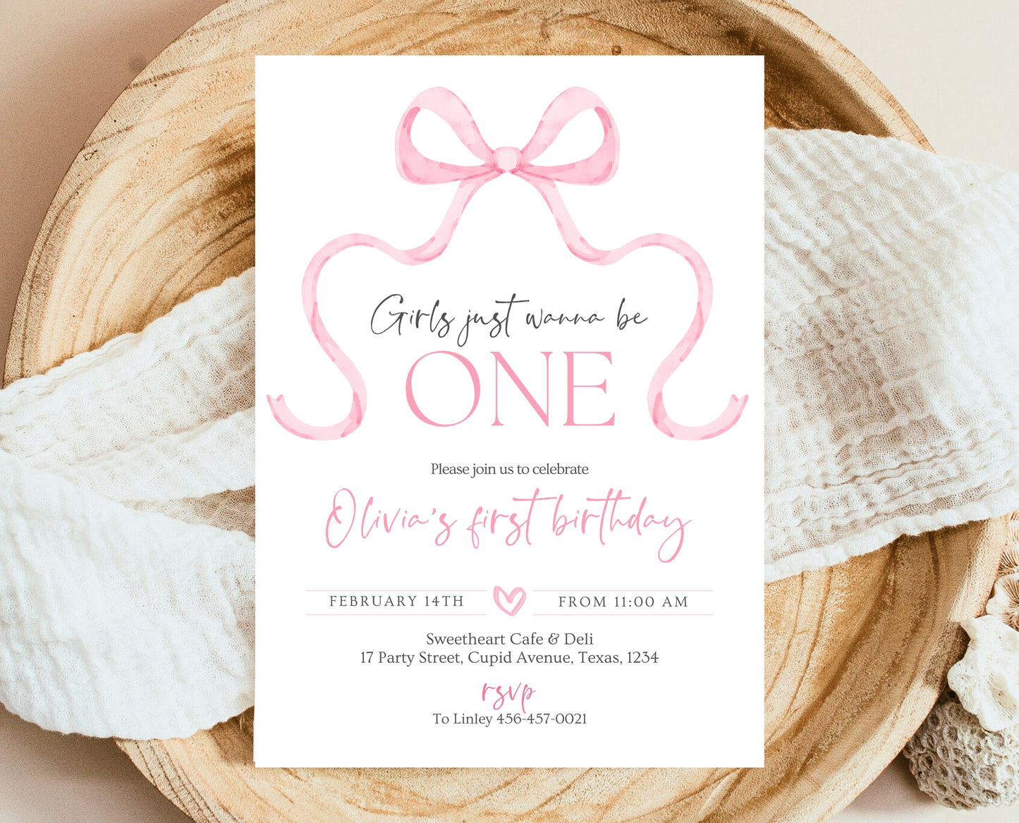 Editable Pink Bow Birthday Invitation, Girl First Birthday Printable, Pink Coquette Bow Invitation Birthday Girl Invite, Bow Invite, VDC12
