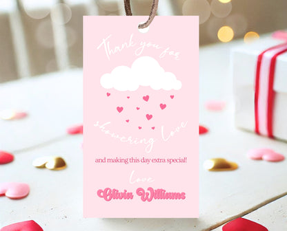 Editable Valentine Baby Shower Favor Tag, Showered With Love Baby Shower tag, Pink Cloud Hearts Baby Shower Thank You Tag, Download, VDC11