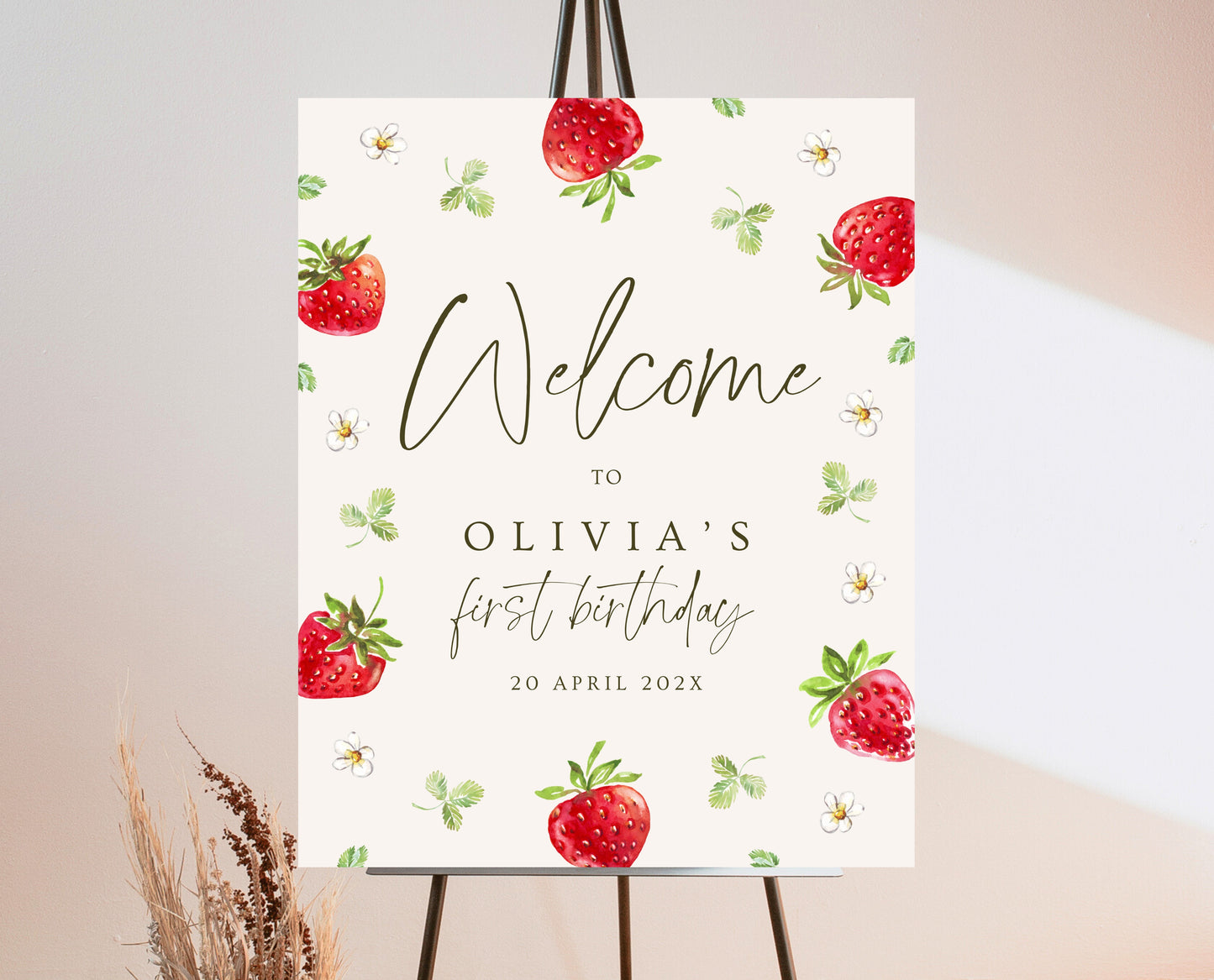 Editable Strawberry Birthday Welcome Sign, Strawberry Birthday Girl Decor, Printable Boho Strawberry Birthday Welcome Banner, GBP04