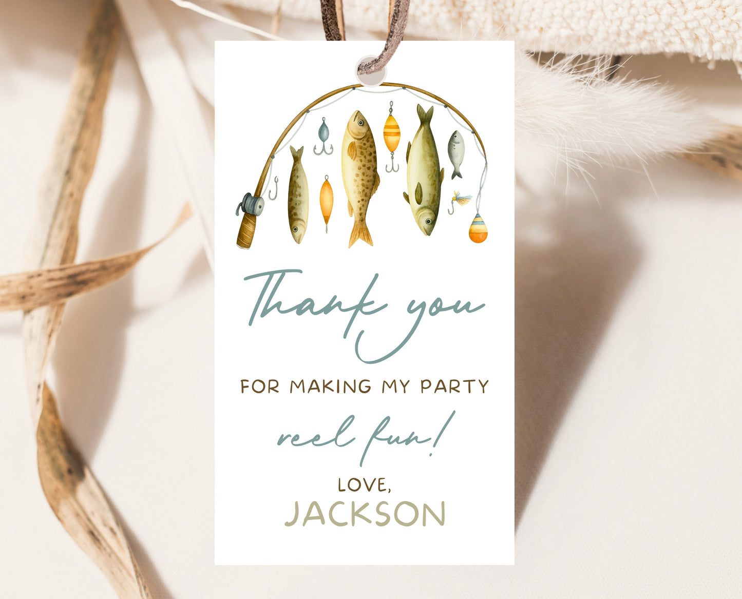 Editable Fishing Birthday Thank You Tag Favor Card Gone Fishing Blue Boy O Fish Ally Party Printable Digital Template Gift Label BBP18