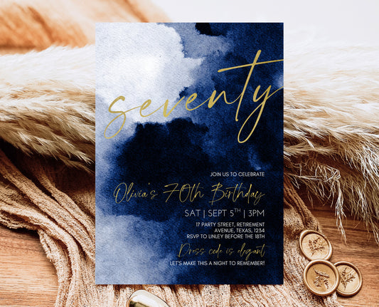 Editable 70th Birthday Invitation, Mobile 70th Birthday Invite, Blue Gold 70th Birthday Decor, Seventy Modern Invite, Instant Download, AB08
