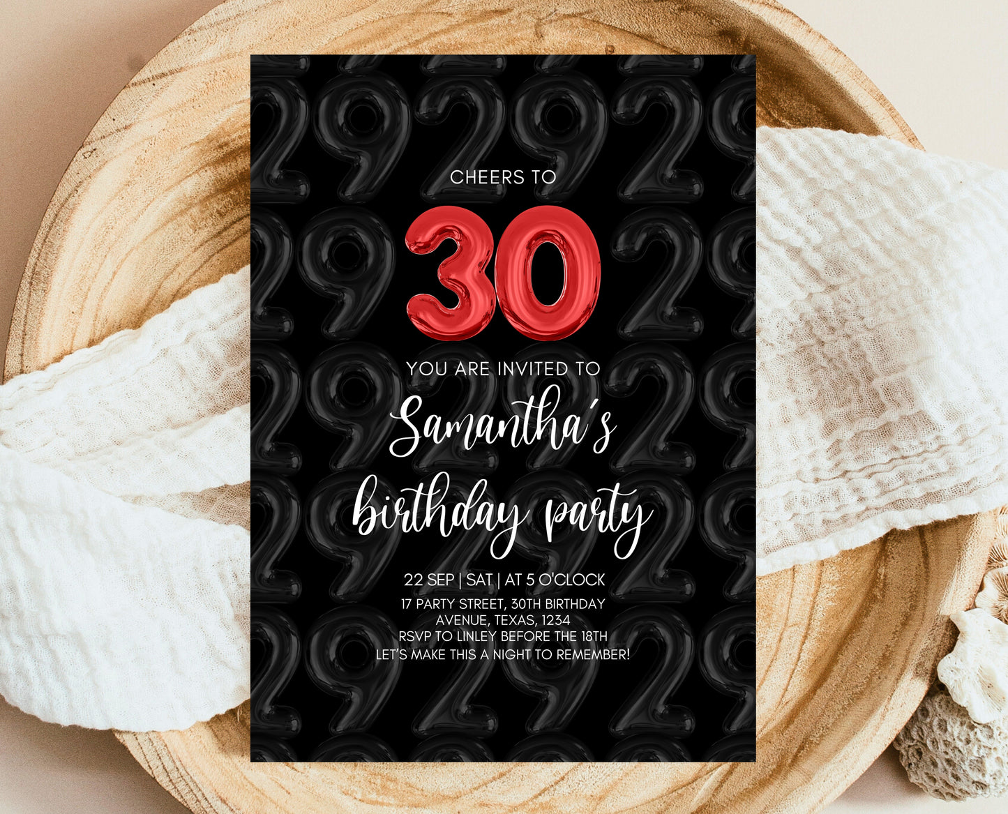 Editable 30th Birthday Invitation, Black 30th Birthday Invite, 30th Balloon Birthday Invite, Modern Minimalist Birthday Invitation, AB07