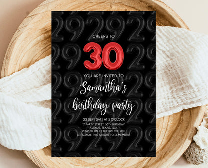 Editable 30th Birthday Invitation, Black 30th Birthday Invite, 30th Balloon Birthday Invite, Modern Minimalist Birthday Invitation, AB07