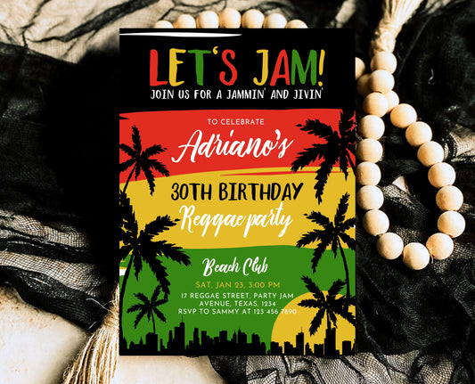 Editable Reggae Birthday Invitation Jamaican Theme Adult Party Template 30th 40th Celebration Printable Tropical Invite AB16