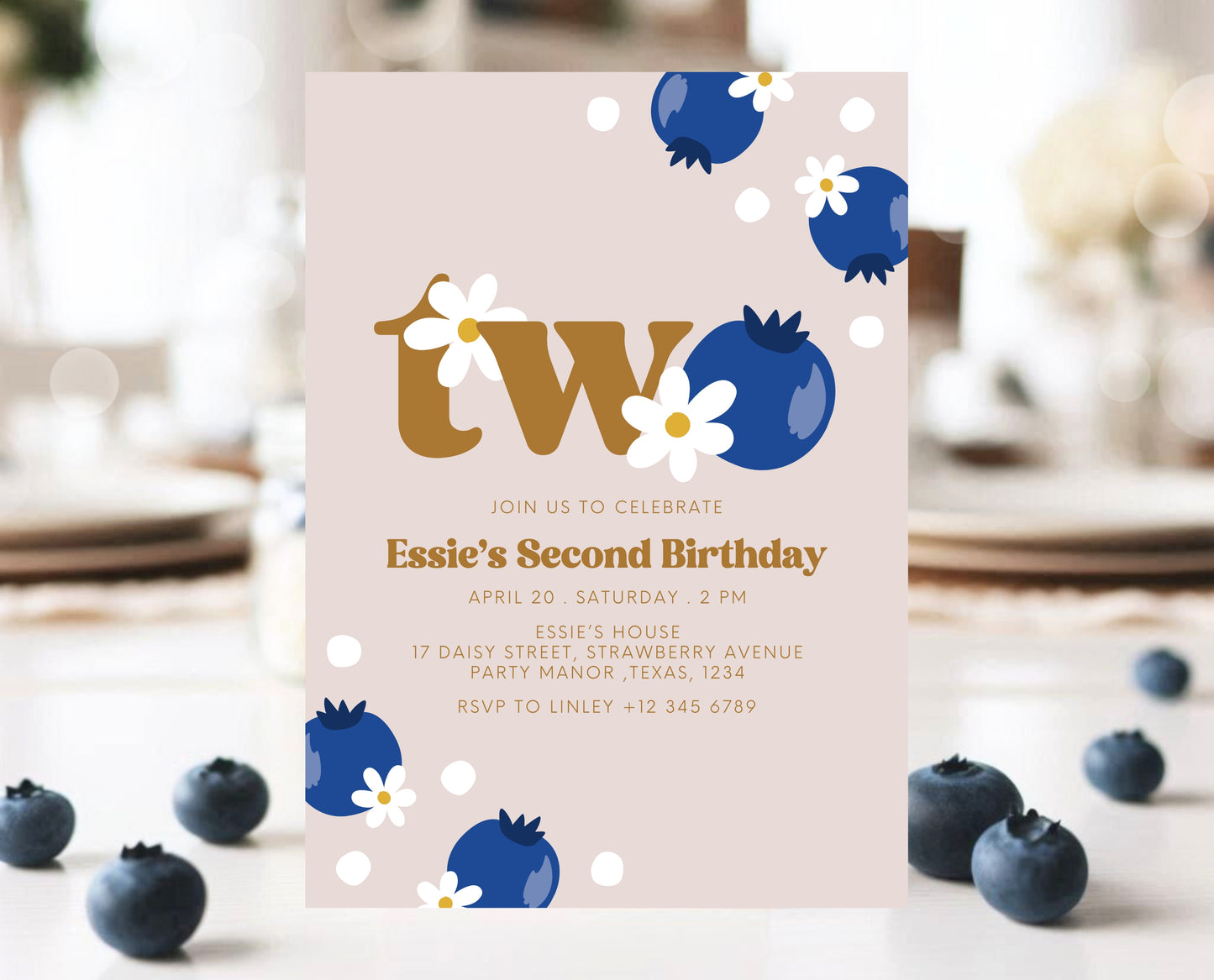 Editable Berry 2nd Birthday Invitation, Gold Blueberry 2nd Birthday Girl Invite, Printable Blueberry Second Birthday Girl Invitation, GBP03