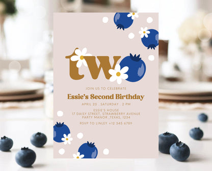 Editable Berry 2nd Birthday Invitation, Gold Blueberry 2nd Birthday Girl Invite, Printable Blueberry Second Birthday Girl Invitation, GBP03