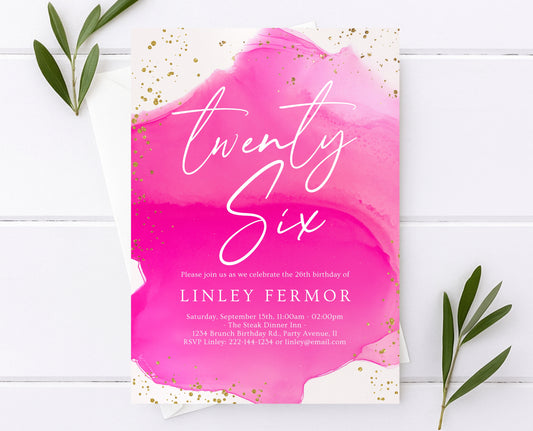Editable Hot Pink and Gold Birthday Invitation Glam Party Template for Any Age Modern Printable Birthday Invite Instant Download AB17