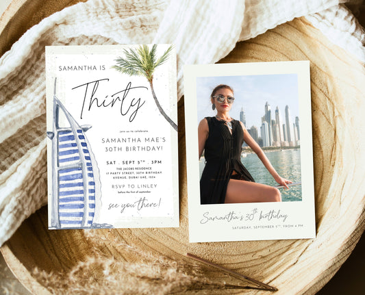 Editable Dubai Themed Palm Birthday Invitation Summer Party Template Luxury Desert Tropical Printable Invite Download AB13