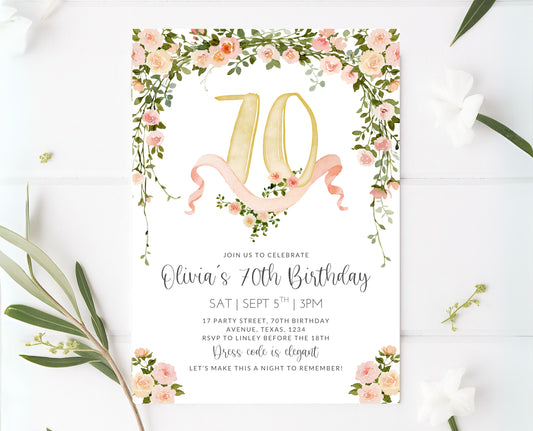 Editable 70th Birthday Invitation Blush Pink Gold Watercolor Roses Digital Template Modern Mobile Invite Instant Download Printable AB10