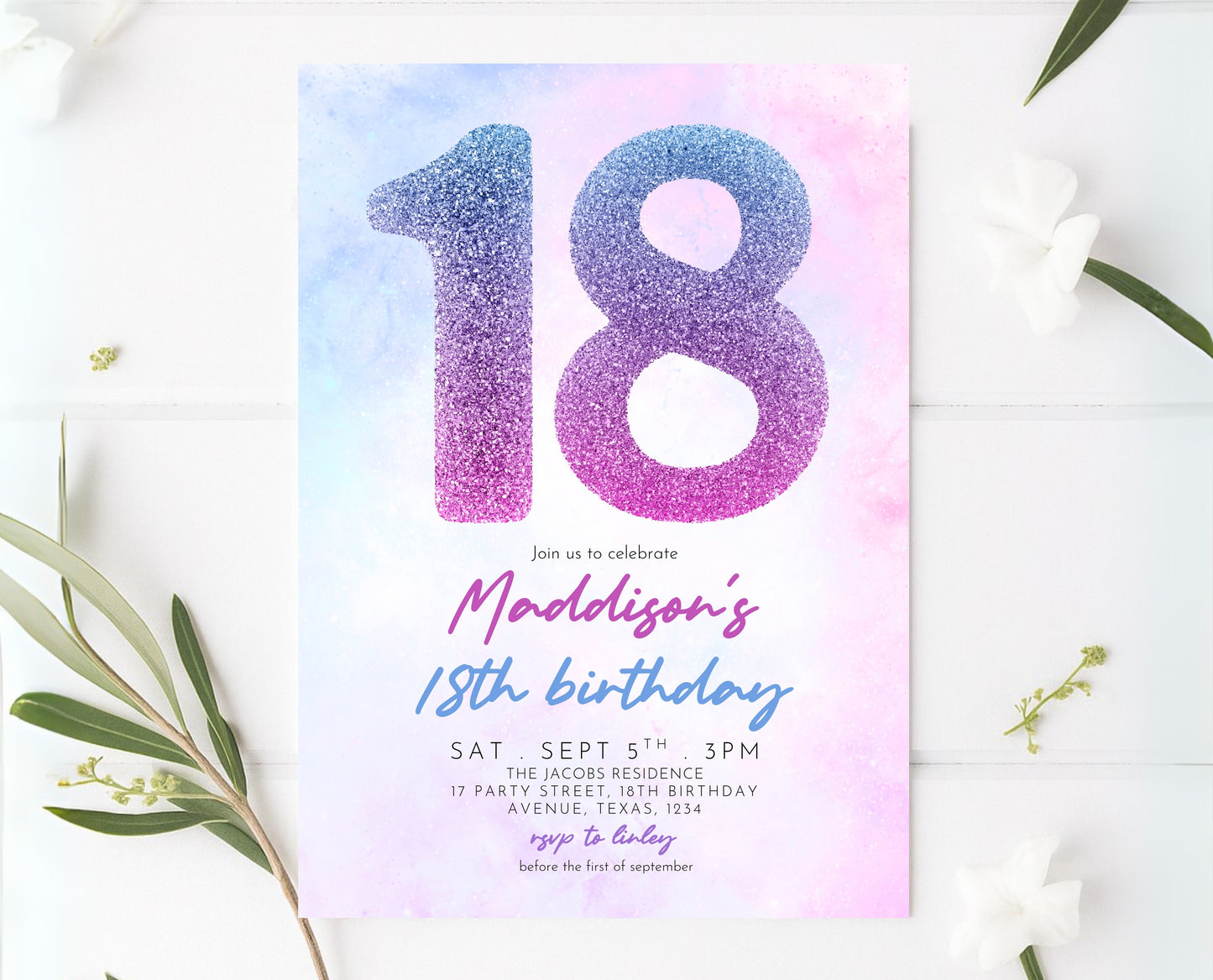 Editable 18th Birthday Invitation Pink Purple Blue Glitter Design Modern Elegant Digital Party Template Printable Invite Instant Download