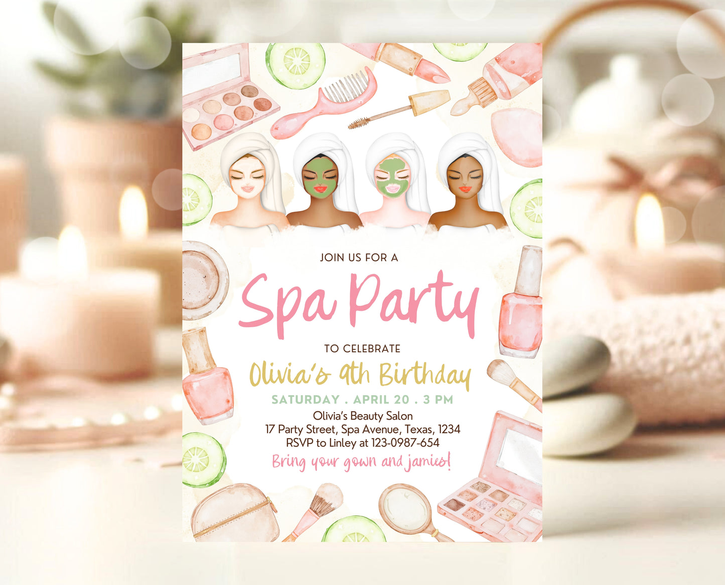 Editable Spa Girls Birthday Invitation, Spa Party Invite, Pamper Birthday Invite, Neutral Glam Party Invite, Spa Girl Birthday Invite, GBP09