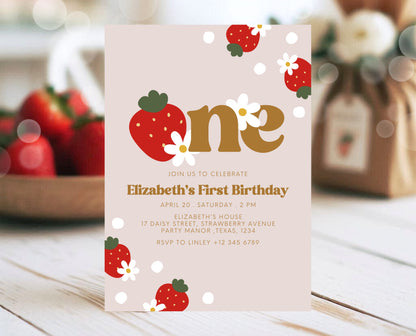 Editable Berry First Birthday Invitation, Strawberry 1st Birthday Girl Invite, Printable Strawberry First Birthday Girl Invitation, GBP02