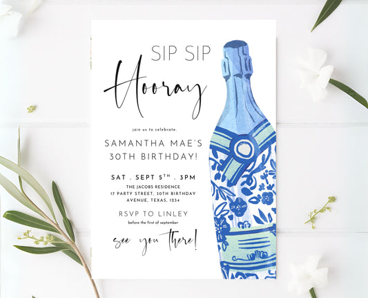 Editable Sip Sip Hooray Champagne Birthday Invitation Blue Modern Minimalist Boozy Party Printable Invite Template Instant Download
