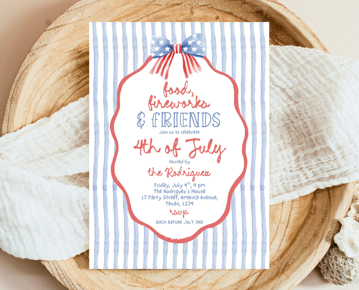 Editable Whimsical 4th Of July Invitation, Independence Day BBQ Invite, American Bow Invitation, July 4th BBQ Invite, July Fourth Invite