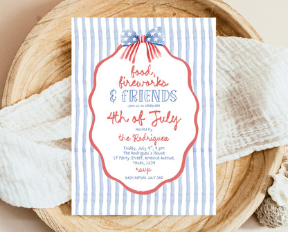 Editable Whimsical 4th Of July Invitation, Independence Day BBQ Invite, American Bow Invitation, July 4th BBQ Invite, July Fourth Invite
