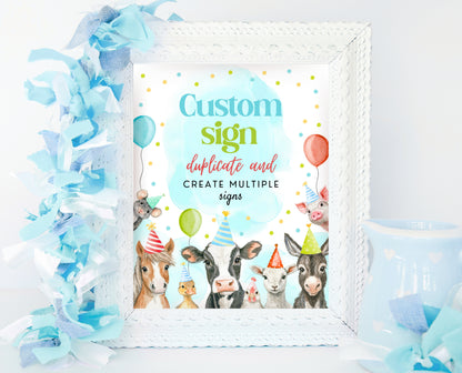 Editable Farm Boy Birthday Custom Sign, Blue Farm Birthday Party, Calling All Party Animals, Blue Boy Farm Animal Party Custom Sign, BBP06