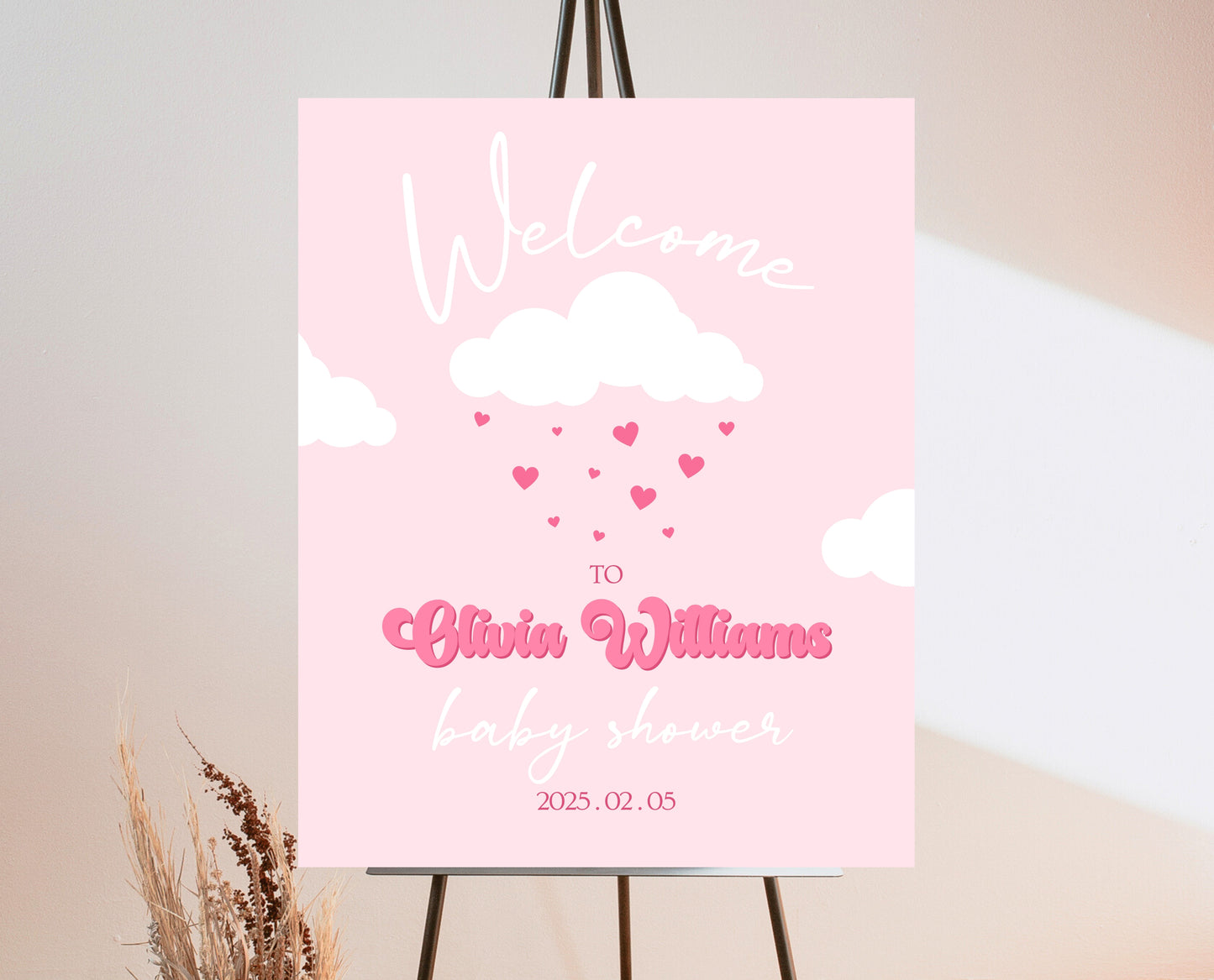Editable Valentine Baby Shower Welcome Sign, Showered With Love Baby Shower Sign, Pink Cloud Hearts Baby Shower Welcome, Download, VDC11