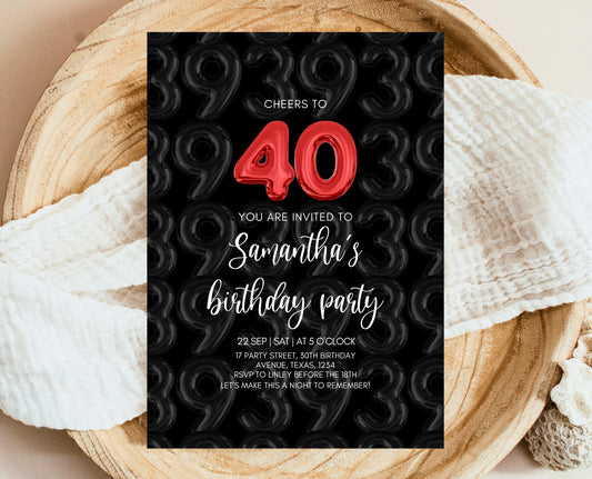 Editable 40th Birthday Invitation, Black 40th Birthday Invite, 40th Balloon Birthday Invite, Modern Minimalist Birthday Invitation, AB07