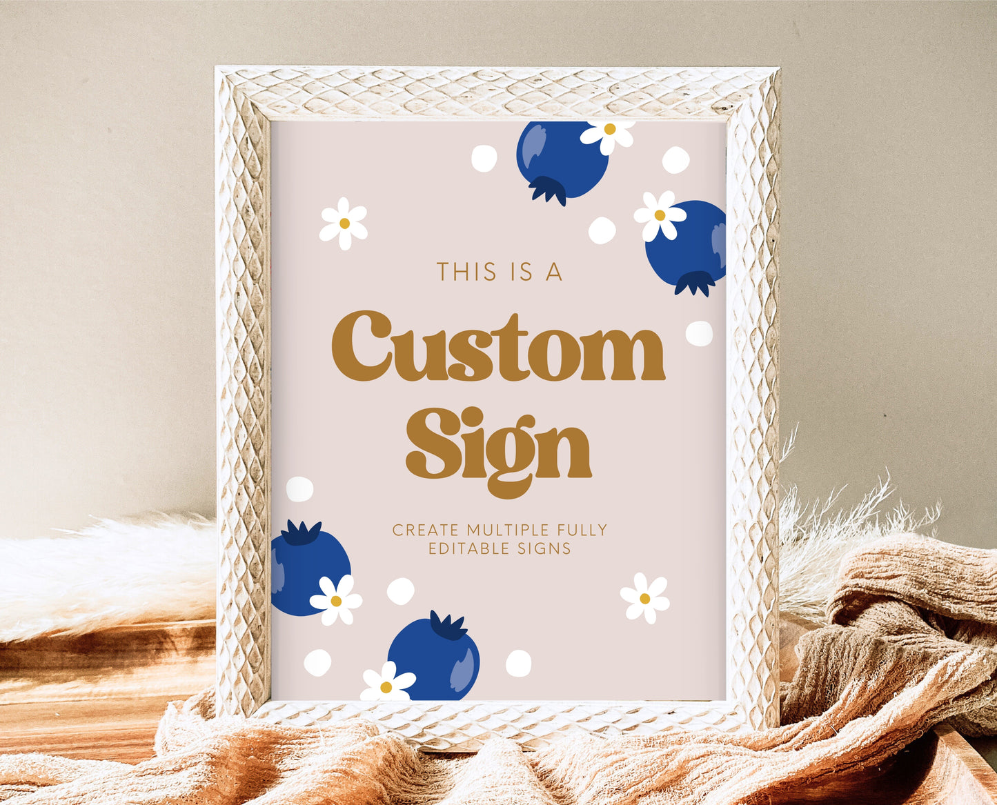 Editable Blueberry Birthday Custom Sign, Retro Blueberry Birthday Girl Decor, Printable Boho Blueberry Birthday Custom Banner, Gold, GBP03