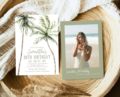 Editable Palm Birthday Invitation Template Folk Palm Trees Summer Party Beach Theme Watercolour Modern Instant Download Printable AB11