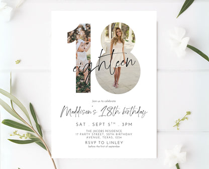 Editable 18th Birthday Invitation Photo Minimalist Modern Elegant Design Simple Digital Party Template Printable Invite Instant Download