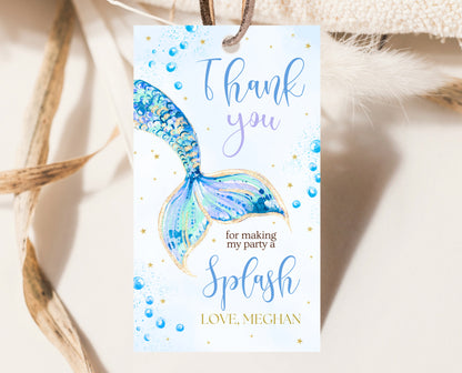 Editable Mermaid Tail Birthday Favor Tag, Under the Sea Birthday Thank You Tag, Birthday Template, Blue And Gold Glitter Mermaid Tag, GBP12